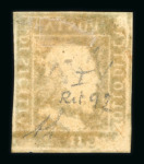 1859 2 Gr. Plate I, non-porous paper (NA), blue (azzurro), position 92 showing retouch, with four good to close margins. Fresh mint example with original brownish gum. A rarity.  Expertise: Signed "AD" Alberto Diena. Cer