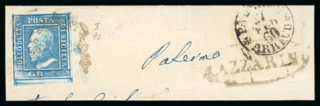 1859 2 Gr. Plate I, cobalt-blue (cobalto), position 91 showing retouch, bottom sheet marginal example on small fragment. Oval-framed MAZZARINO despatch handstamp alongside. Fine and attractive used example.