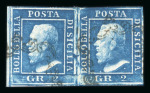1859 2 Gr. Plate I, blue (azzurro), horizontal pair, positions 91 and 92, both showing retouches. Fine used multiple.   A scarce and desirable multiple, displaying two adjacent retouched positions in a single piece.  Exp