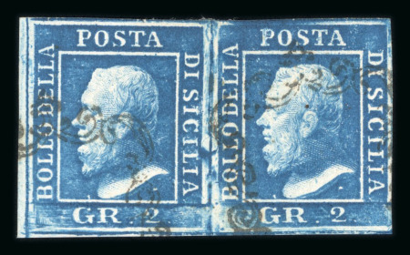 1859 2 Gr. Plate I, blue (azzurro), horizontal pair, positions 91 and 92, both showing retouches. Fine used multiple.   A scarce and desirable multiple, displaying two adjacent retouched positions in a single piece.  Exp