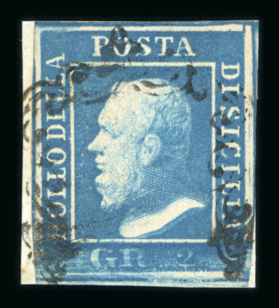 Stamp of Italian States » Sicily » 2 Grana, Plate I » Retouches Sicily 1859 2 Gr. plate I, blue (azzurro), used with framed cancel, showing position 94 retouch, four good margins, fine and scarce.