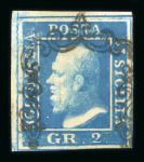 1859 2 Gr. Plate II, vivid ultramarine (azzurro oltremare vivo), position 1, top left corner, positional stamp with four good to large margins. Very fine and rare used example.