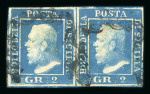 1859 2 Gr. Plate II, ultramarine (azzurro oltremare), horizontal pair, positions 73–74, with good even margins. Fresh used example.   Expertise: AD pencil initials.