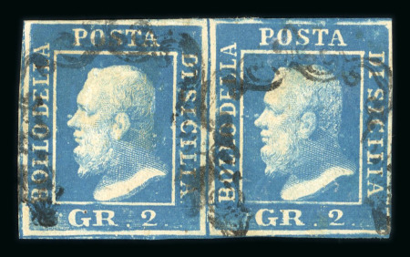 1859 2 Gr. Plate II, ultramarine (azzurro oltremare), horizontal pair, positions 73–74, with good even margins. Fresh used example.   Expertise: AD pencil initials.