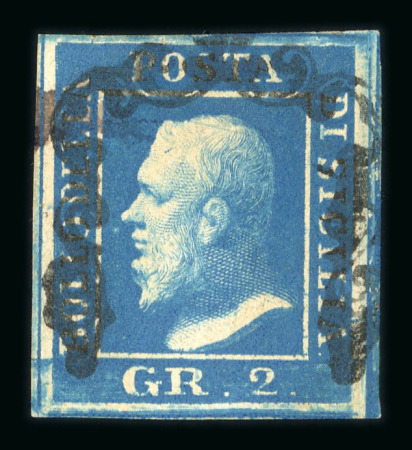 Stamp of Italian States » Sicily » 2 Grana, Plate II » Stamps Sicily 1859 2 Gr. plate II, bright ultramarine (azzurro oltremare vivo), used with good margins, very fine for this extremely rare shade.