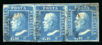 Stamp of Italian States » Sicily » 2 Grana, Plate II » Stamps Sicily 1859 2 Gr. plate II, bright ultramarine (azzurro oltremare vivo), used horizontal strip of three