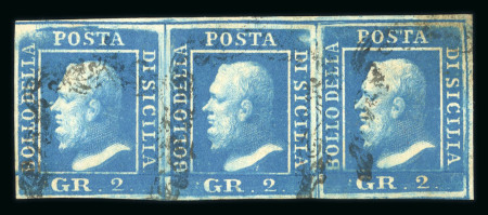 Stamp of Italian States » Sicily » 2 Grana, Plate II » Stamps Sicily 1859 2 Gr. plate II, bright ultramarine (azzurro oltremare vivo), used horizontal strip of three