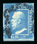 1859 2 Gr. Plate II, vivid ultramarine (azzurro oltremare vivo), with good margins. Fine used example, showing a particularly clear impression of the portrait.  Expertise: Signed "AD" Alberto Diena.