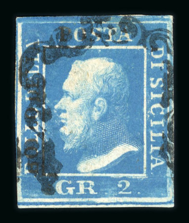 1859 2 Gr. Plate II, vivid ultramarine (azzurro oltremare vivo), with good margins. Fine used example, showing a particularly clear impression of the portrait.  Expertise: Signed "AD" Alberto Diena.