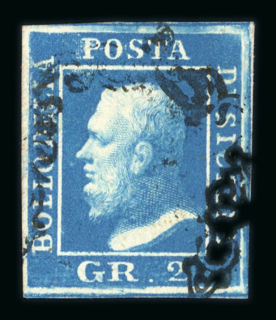 1859 2 Gr. Plate II, vivid ultramarine (azzurro oltremare vivo), position 33, a fine and bright used shade, rare.  Expertise: Signed "AD" Alberto Diena.