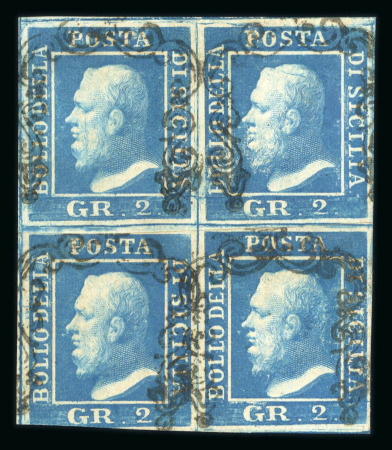 Stamp of Italian States » Sicily » 2 Grana, Plate II » Stamps Sicily 1859 2 Gr. plate II, bright ultramatine (azzurro oltremare vivo), reconstructed block of four in two pairs