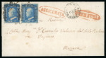 Stamp of Italian States » Sicily » 2 Grana, Plate II » Covers Sicily 1859 2 Gr. plate II, ultramarine (azzurro oltremare), two singles, on 1859 registered envelope to Mazzara, red oval framed Assicurata plus red oval framed SAMBUCA despatch, which is p