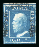 1859 2 Gr. Plate II, dark cobalt-blue (cobalto scuro), position 6, with four good to large even margins. A fine used example.  Expertise: Signed "AD" Alberto Diena.