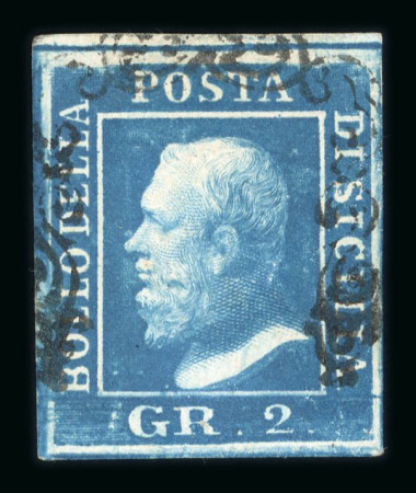 1859 2 Gr. Plate II, dark cobalt-blue (cobalto scuro), position 6, with four good to large even margins. A fine used example.  Expertise: Signed "AD" Alberto Diena.