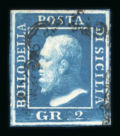 1859 2 Gr. Plate II, dark cobalt-blue (cobalto scuro), position 86, with four even margins. A fine used example.  Expertise: Signed "ED" Emilio Diena, "AD" Alberto Diena.