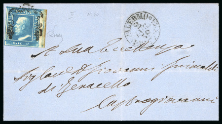 1859 2 Gr. Plate II, dark cobalt-blue (cobalto scuro), right-hand sheet marginal example on cover dated 2 July to Caltagirone. Tied by framed cancellation, with Palermo despatch cds alongside.  A fine and attractive cove