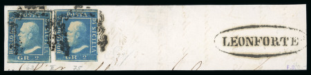 1859 2 Gr. Plate II, cobalt-blue (cobalto) and dark cobalt-blue (cobalto scuro), positions 63 and 75, used together on fragment with oval LEONFORTE despatch hs alongside, with close to good margins.   A scarce and attrac