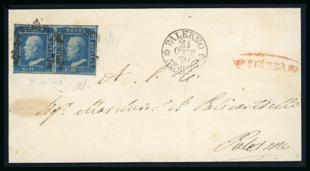 1859 2 Gr. Plate II, blue (azzuro vivo), horizontal pair, positions 1-2, on cover dated 21 October to Palermo, with good to close margins. Tied by framed cancellation, with red oval-framed PIAZZA despatch handstamp at ri