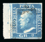 Stamp of Italian States » Sicily » 2 Grana, Plate II » Stamps Sicily 1859 2 Gr. plate ll, cobalt (cobalto), used in left-hand sheet marginal single, very fine.