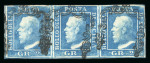 Stamp of Italian States » Sicily » 2 Grana, Plate II » Stamps 1859 2Gr. plate II, pale blue (azzuro smorto), used horizontal strip of three, positions 2-4, with four margins, very fine and a scarce used multiple.