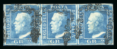 Stamp of Italian States » Sicily » 2 Grana, Plate II » Stamps 1859 2Gr. plate II, pale blue (azzuro smorto), used horizontal strip of three, positions 2-4, with four margins, very fine and a scarce used multiple.