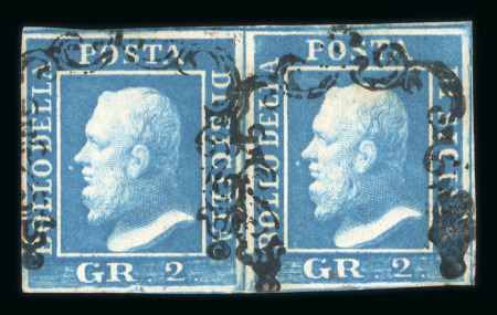 1859 2 Gr. Plate II, dull blue (azzurro smorto), horizontal pair with good clear margins. Fine used..  A fresh and attractive multiple of this rare shade.  Expertise: Signed "AD" Alberto Diena.