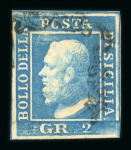1859 2 Gr. Plate II, bright blue (azzurro vivo), position 30, with four margins, used