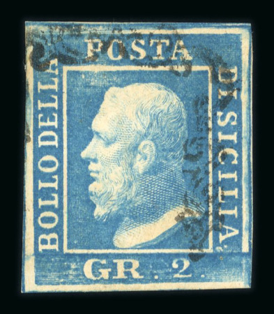 1859 2 Gr. Plate II, bright blue (azzurro vivo), position 30, with four margins, used