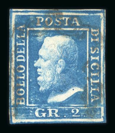 1859 2 Gr. Plate II, bright blue (azzurro vivo), position 30, with four margins. Fine used example.  Expertise: Signed "AD" Alberto Diena.