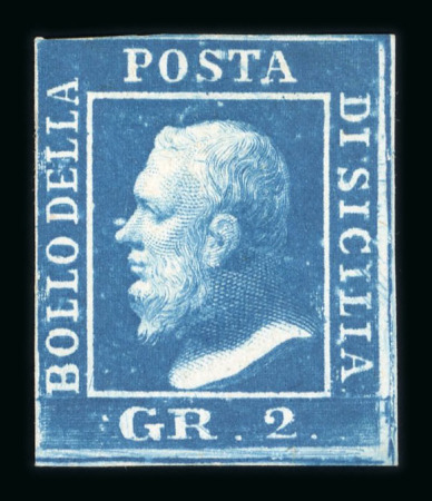 1859 2 Gr. Plate II, bright blue (azzurro vivo), with four close margins. Very fresh, unused example without gum.  A fine and extremely rare shade in unused condition.  Expertise: Signed A.Diena and E.Diena.