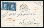 1859 2 Gr. Plate II, bright blue (azzurro vivo), horizontal pair, positions 14–15, on cover dated 30 September to Palermo. Red oval-framed Assicurata handstamp at lower left and red oval GENTINI despatch handstamp at upp