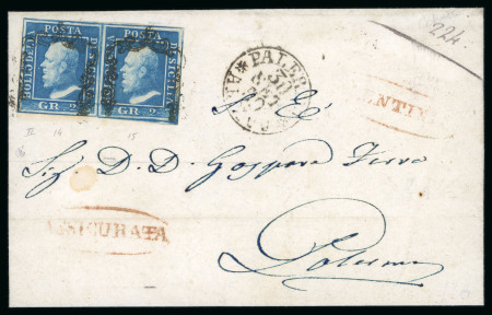 1859 2 Gr. Plate II, bright blue (azzurro vivo), horizontal pair, positions 14–15, on cover dated 30 September to Palermo. Red oval-framed Assicurata handstamp at lower left and red oval GENTINI despatch handstamp at upp