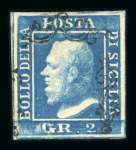 1859 2 Gr. Plate II, non-porous paper (NA), bright blue (azzurro vivo), position 57, showing the retouch to the “G” of “GR”. Fine used example, retaining brownish original gum.  A rare and highly desirable retouched vari