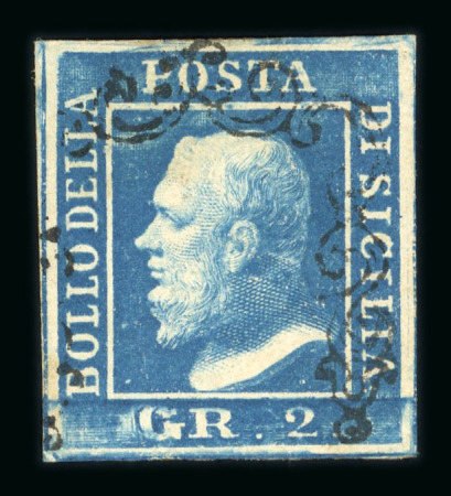 1859 2 Gr. Plate II, non-porous paper (NA), bright blue (azzurro vivo), position 57, showing the retouch to the “G” of “GR”. Fine used example, retaining brownish original gum.  A rare and highly desirable retouched vari
