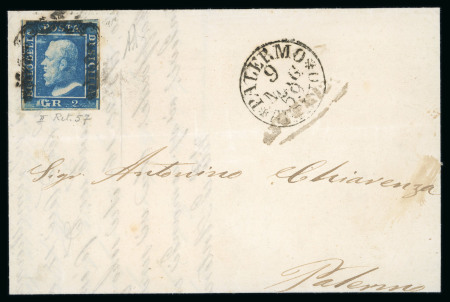 1859 2 Gr. Plate II, bright blue (azzurro vivo), non-porous paper (NA), position 57 showing retouch, with good to close margins, on entire dated 9 May to Palermo.   A fine and rare item, clearly displaying this notable r