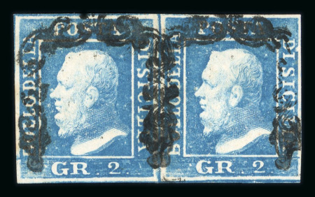 1859 2 Gr. Plate II, blue (azzurro), fine horizontal pair with good to large margins, positions 72-73. Fresh used multiple.  Expertise: Signed "AD" Alberto Diena.