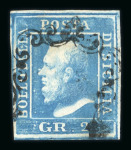 1859 2 Gr. Plate II, blue (azzurro), position 10, with four margins. Fine used example.