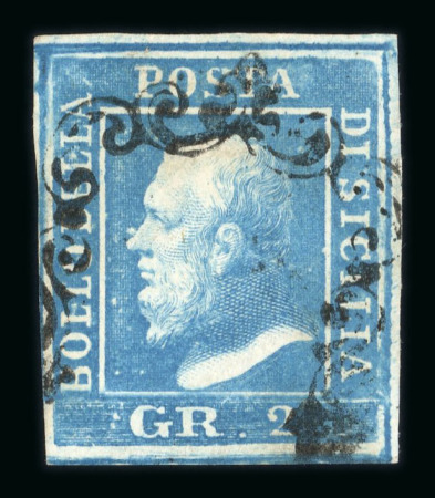 1859 2 Gr. Plate II, blue (azzurro), position 10, with four margins. Fine used example.