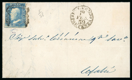 1859 2 Gr. Plate II, blue (azzurro), non-porous paper (NA), with four even margins, position 28, on cover dated 1 February from Palermo to Cefalù.   A fine and attractive single-franking cover, showing clear postal marki
