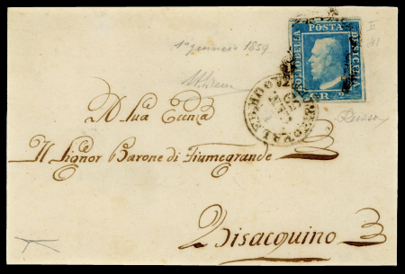 Stamp of Italian States » Sicily » 2 Grana, Plate II » Covers Sicily First Day Usage January 1st, 1859 : 1859 (1 Gen) 2Gr. ultramarine (azzure oltremare) cover front from Palermo to Bisacquino 