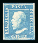 Stamp of Italian States » Sicily » 2 Grana, Plate II » Retouches Sicily 1859 2 Gr. plate II, light blue (azzurro chiaro), mint with original white gum, showing position 45 retouch