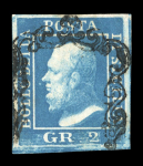 1859 2 Gr. Plate II, dark cobalt-blue (cobalto scuro), position 45 showing retouch, with four margins. Fine used example.  Expertise: Signed "AD" Alberto Diena.