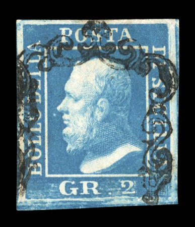1859 2 Gr. Plate II, dark cobalt-blue (cobalto scuro), position 45 showing retouch, with four margins. Fine used example.  Expertise: Signed "AD" Alberto Diena.