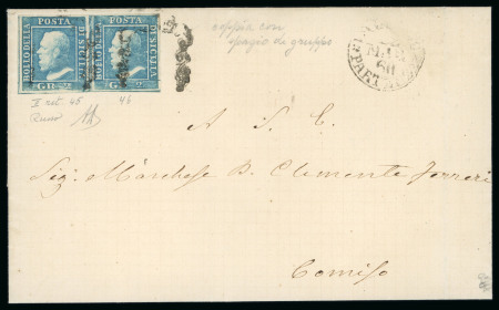 1859 2 Gr. Plate II, bright blue (azzurro vivo), horizontal pair showing interspazio di gruppo, the left-hand stamp being position 45 with retouch, on 1860 folded cover to Comiso.  A scarce and highly desirable multiple,