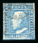 1859 2 Gr. Plate II, blue (azzurro), position 45 showing retouch, with four good margins. Unusually used with part cds cancellation. Fine and attractive single.