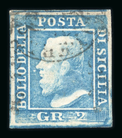 1859 2 Gr. Plate II, blue (azzurro), position 45 showing retouch, with four good margins. Unusually used with part cds cancellation. Fine and attractive single.