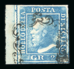 Stamp of Italian States » Sicily » 2 Grana, Plate II » Retouches Sicily 1859 2 Gr. plate II, blue (azzuro), used left sheet marginal single with good margins on other sides, showing retouch position 71, very fine and scarce.