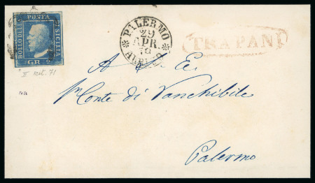 1859 2 Gr. Plate II, ultramarine (azzurro oltremare), position 71 showing retouch, with good to close margins, on cover dated 29 April, 1859 to Palermo. Tied by framed cancellation, with red oval-framed TRAPANI despatch 