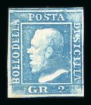 1859 2 Gr. Plate II, blue (azzurro), position 81 showing retouch, mint with original white gum. Fresh fine and scarce unused example.   A desirable example of this recorded retouched position, well preserved and retainin
