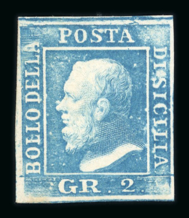 1859 2 Gr. Plate II, blue (azzurro), position 81 showing retouch, mint with original white gum. Fresh fine and scarce unused example.   A desirable example of this recorded retouched position, well preserved and retainin